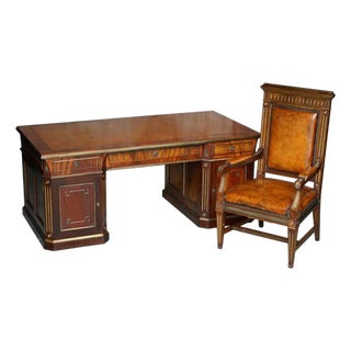 Restored 19th Century Antique Russian Mahogany & Gilt Metal Partner Desk With Leather Armchair For Sale