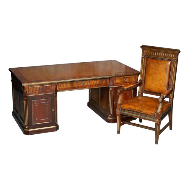 Restored 19th Century Antique Russian Mahogany & Gilt Metal Partner Desk With Leather Armchair For Sale
