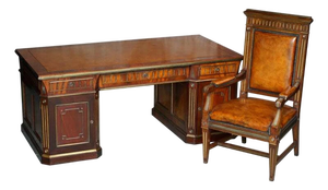 Restored 19th Century Antique Russian Mahogany & Gilt Metal Partner Desk With Leather Armchair