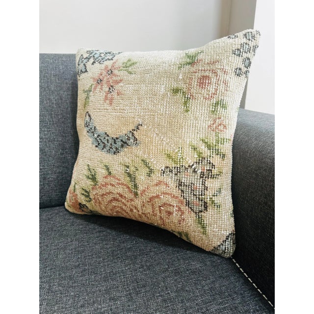 Vintage Turkish Isparta Rug Pillow Cover 16x16 – Faded Floral Wool Cushion For Sale - Image 4 of 11