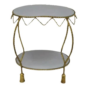 Italian Hollywood Regency Gold Rope & Tassel Kidney Shape Mirror Top Side Table