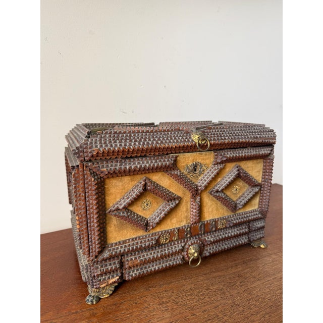 Item Details Size: 33 x 22 x 19 cm (13 x 8.7 x 7.5 in) Material: Hand-carved wood, velvet, brass hardware Date: 1898...