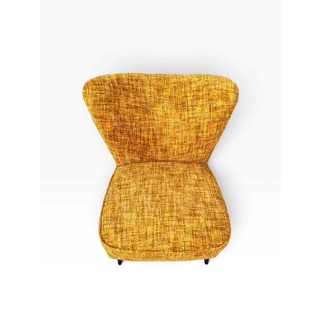 Pair of Danish Modern Cocktail Chairs | Curved Winged Backs in Golden Mustard Tweed | Tapered Wood Legs | C. 1950s For Sale - Image 13 of 15