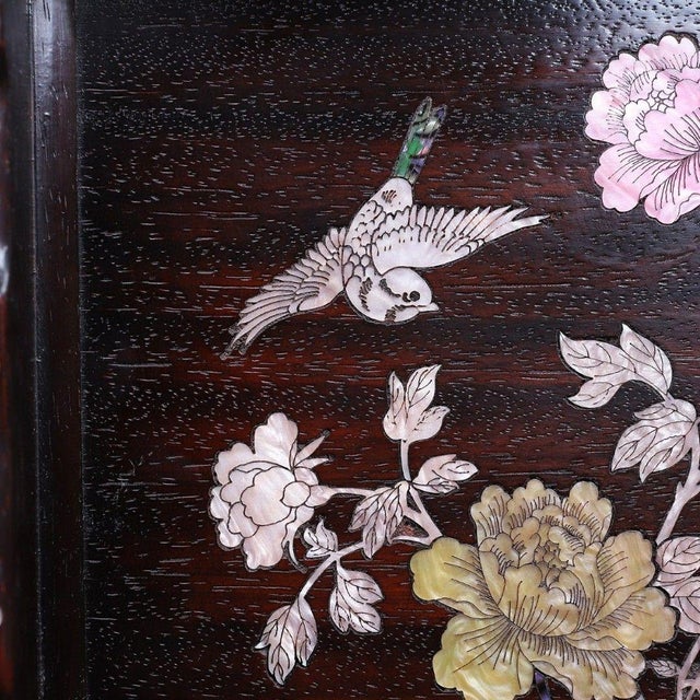 Wood Late 19th Century Square Wooden Tray With Mother-of-Pearl Bird and Peony Inlay For Sale - Image 7 of 9