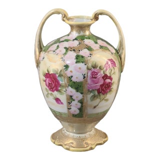 Early 20th Century Nippon Blue Leaf Mark Hand Painted Romantic Roses Gilded Handled Vase For Sale