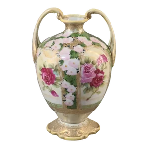 Early 20th Century Nippon Blue Leaf Mark Hand Painted Romantic Roses Gilded Handled Vase