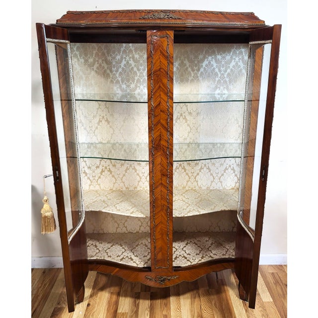 Brown Vintage 20th C Louis XV French Style Bronze Mounted Curio Display Cabinet Vitrine For Sale - Image 8 of 12
