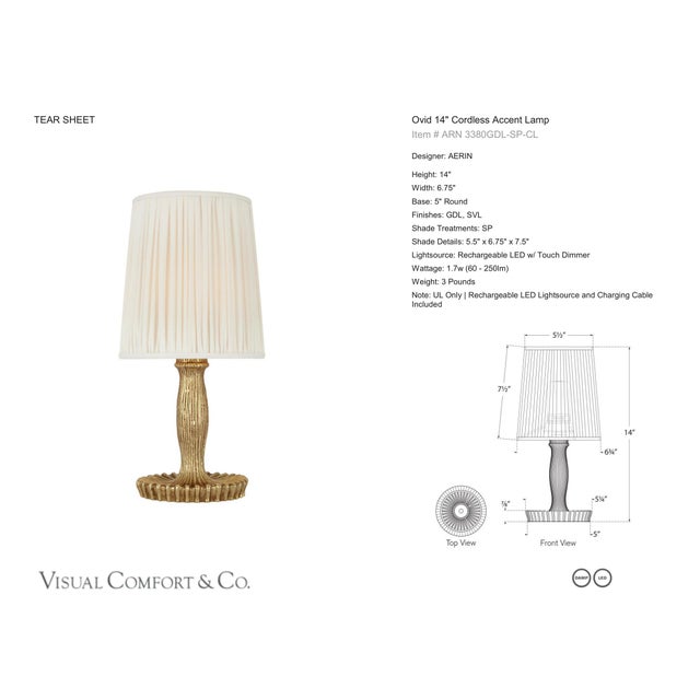 AERIN by Visual Comfort Signature Ovid 14" Cordless Accent Lamp in Gold Lustre with Silk Pleated Shade Designer: AERIN...