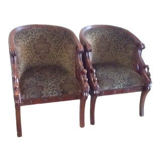 Hand Carved Arm Chairs With Velvet Fabric - A Pair For Sale