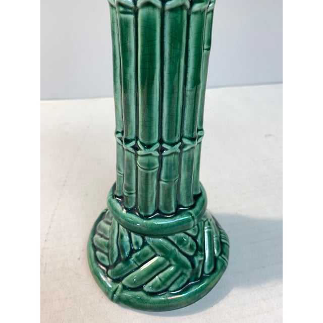 Chinoiserie Majolica Ceramic Split Reed Faux Bamboo Candlesticks Pair For Sale - Image 3 of 5