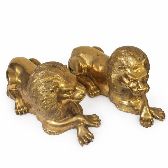 European Artist, Reclining Lions, Gilded Bronze, Set of 2 For Sale - Image 5 of 9