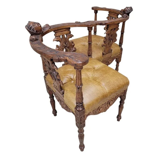 Victorian Antique Italian Renaissance Revival Carved Tufted Tete-a-Tete Settee Newly Reupholstered in Leather For Sale - Image 3 of 10