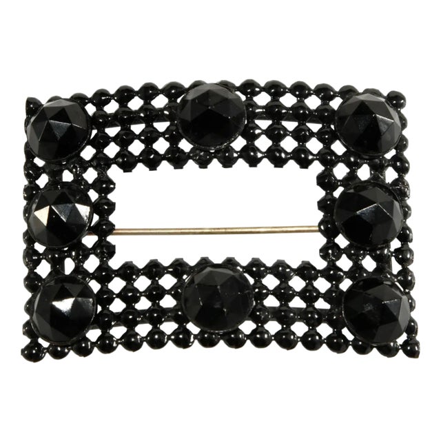 Late 19th Century Victorian French Jet Black Glass Sash Pin For Sale