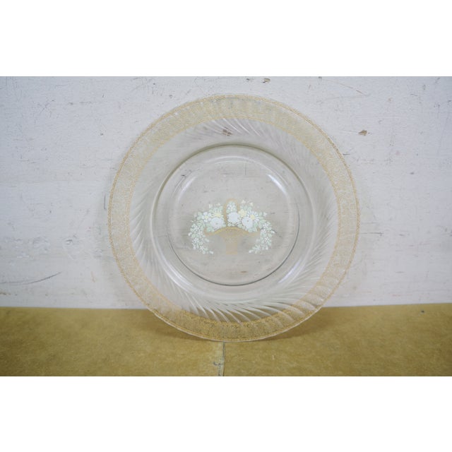 Mid 20th Century Clear Glass Gold Painted Basket of Flowers Dessert Plate 11" For Sale - Image 4 of 9