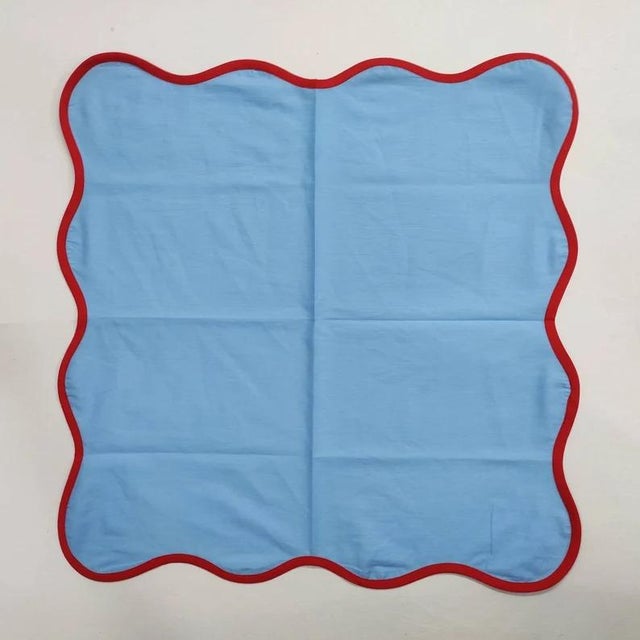 Modern Handmade Scalloped Napkins, Light Blue with Red Piping - Set of 4 For Sale - Image 3 of 5