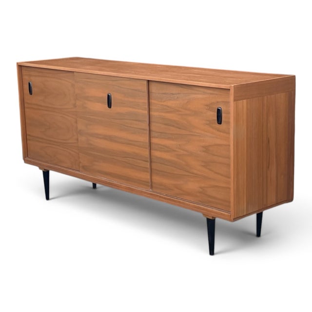 Mid-Century Modern Teak Buffet Credenza With Sliding Doors & Adjustable Shelves For Sale - Image 12 of 15