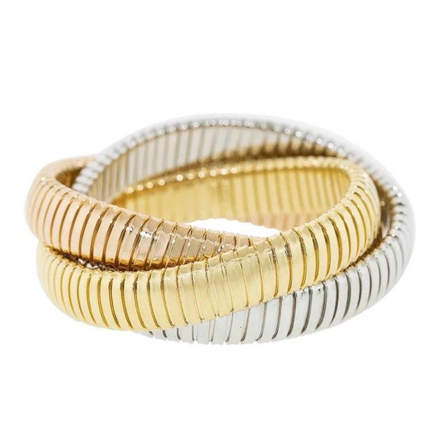 Modern Estate " H Gold" Tri Color Interwoven Rolling Stretch Bracelet 18yg, Rg, Wg 87Gm For Sale - Image 3 of 17