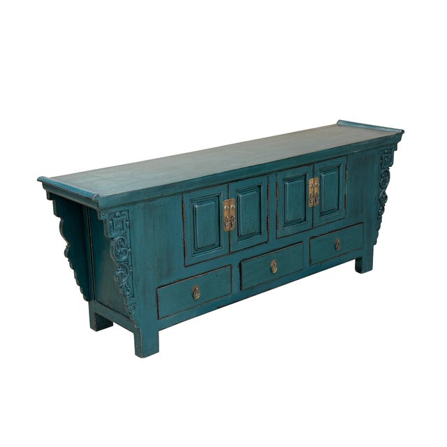 Asian Style Distressed Rustic Teal Blue Low Tv Console Table Cabinet For Sale In San Francisco - Image 6 of 16