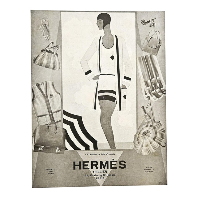 1928 French Art Deco Hermes Beach Advertisement Print, Rare, Matted For Sale
