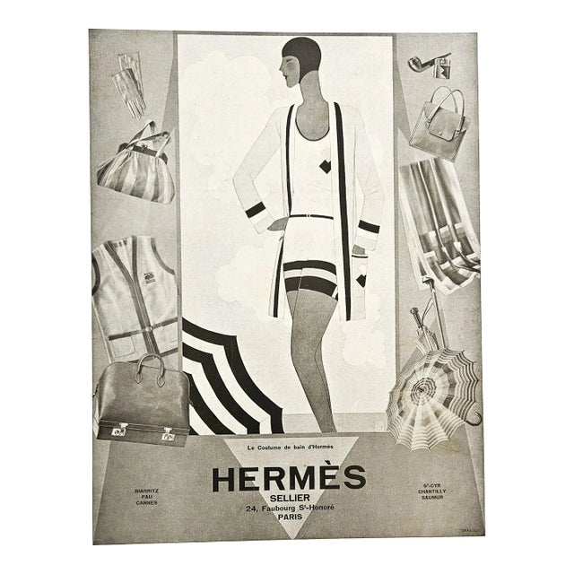 1928 Rare French Art Deco Hermes Beach Advertisement Print, For Sale