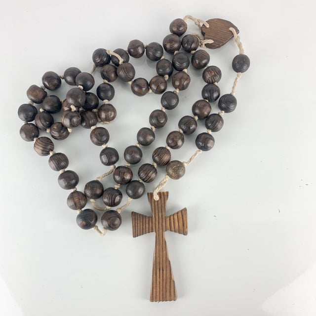 Brown Long Vintage Swiss Dark Wooden Carved Monks Prayer Beads Cross Heart Iconography For Sale - Image 8 of 9