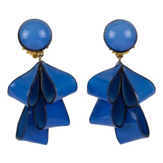 Cilea Paris Dangle Resin Clip Earrings Cobalt Blue Ribbons For Sale