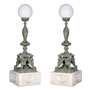 Bronze Lamps on Marble Base, 1980s, Set of 2 For Sale