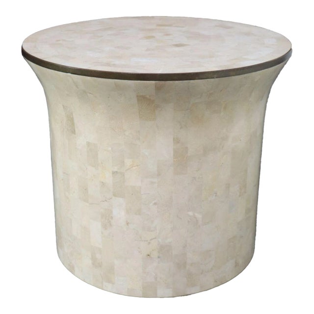 Vintage Maitland Smith Drum Accent Table in Tessellated Stone With Brass Inlay For Sale