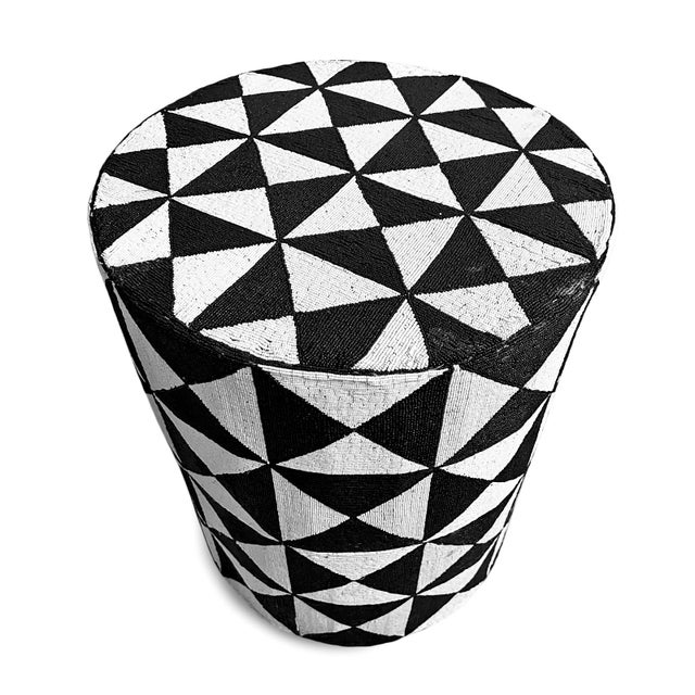West African vintage black and white patterned hand beaded tribal round stool or side table from Yoruba Nigeria. Thousands...