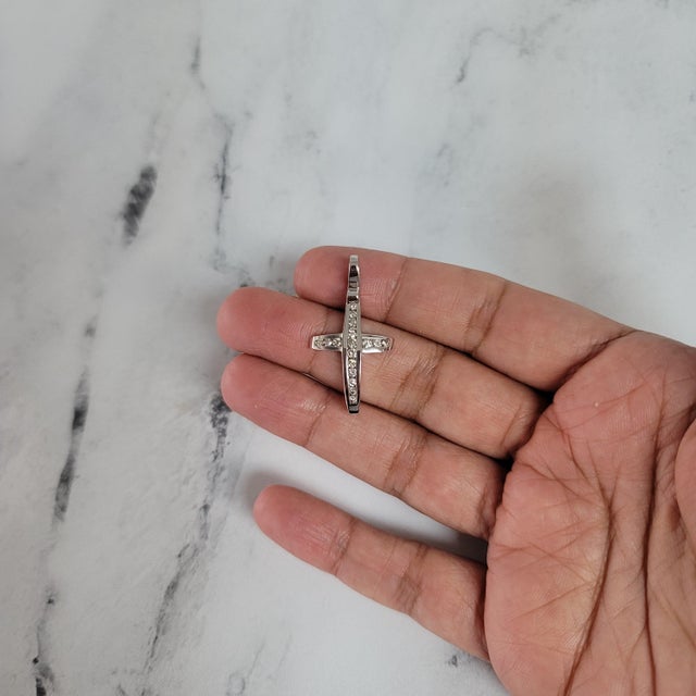 Half Carat Channel Diamond Cross Necklace 14k White Gold 16" For Sale - Image 4 of 4