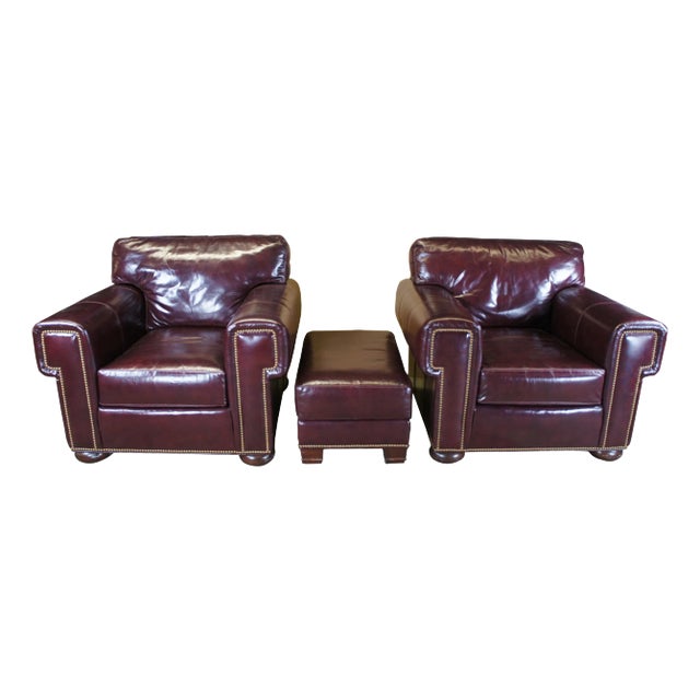 Whittemore-Sherrill Burgundy Leather Library Club Chairs & Ottoman Set- 3 Pieces For Sale
