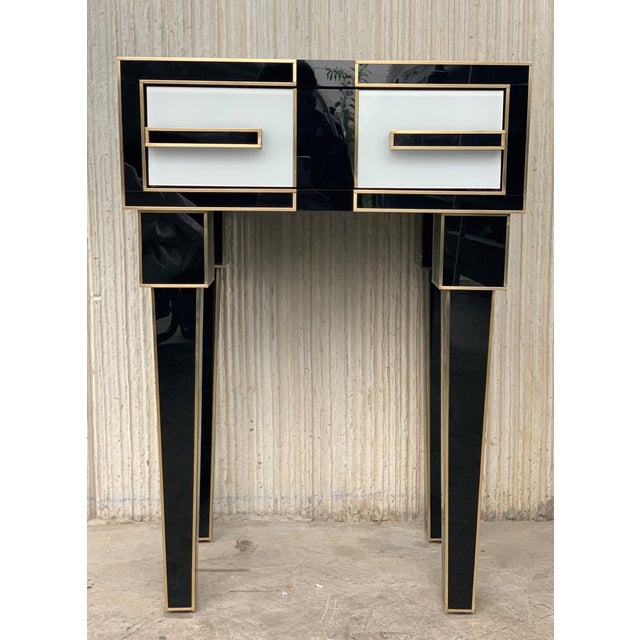 New Pair of High Black & White Glass & Brass Nightstands With Drawer