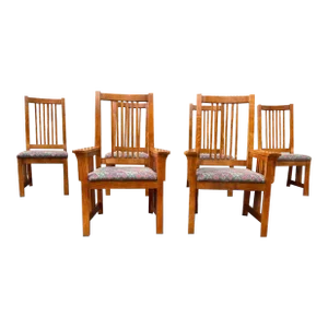 Late 20th Century Bassett Furniture Mission Style Arts & Craft Oak Dining Chairs. - Set of 6