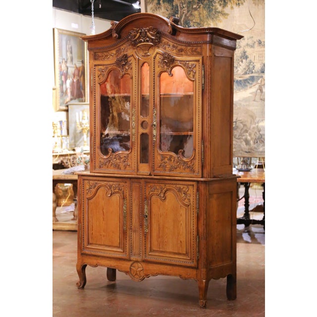 Wood 18th C. French Louis XV Pine Buffet-Deux-Corps Vitrine Cabinet From Normandy For Sale - Image 7 of 15