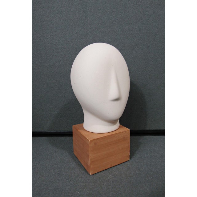 Cycladic-Style Modernist Bisque Ceramic Head Sculpture on Wooden Base For Sale - Image 4 of 10