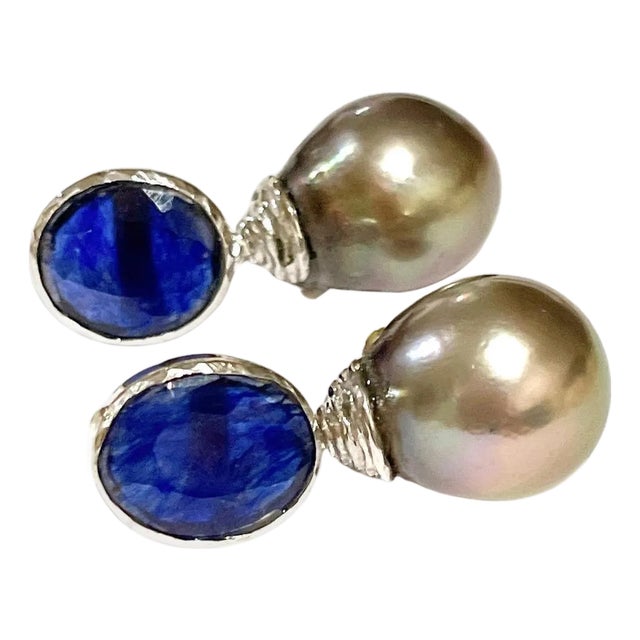 Bochic "Orient" South Sea Pearl & Blue Sapphire Earrings Set 18K Gold&Silver For Sale