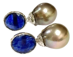 Bochic "Orient" South Sea Pearl & Blue Sapphire Earrings Set 18K Gold&Silver