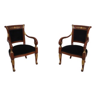 Pair of Neoclassical Napoleonic Gilt Accent Open Armchairs For Sale