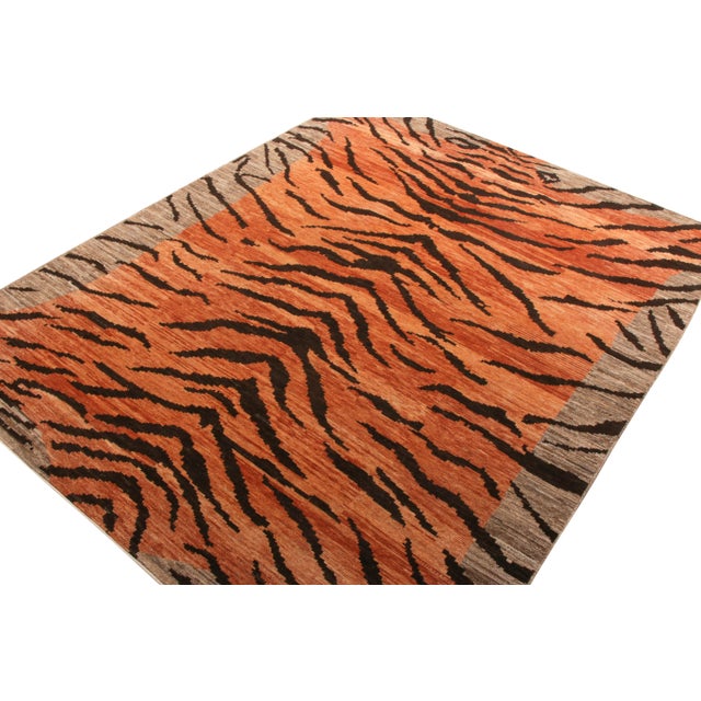 Chinese Handknotted Bright Orange Tiger Stripe Rug, 6'x9' For Sale - Image 3 of 9