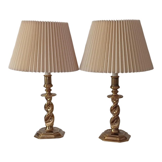 Vintage Stiffel Solid Brass Barley Twist Table Lamps With Original Shades - a Pair For Sale