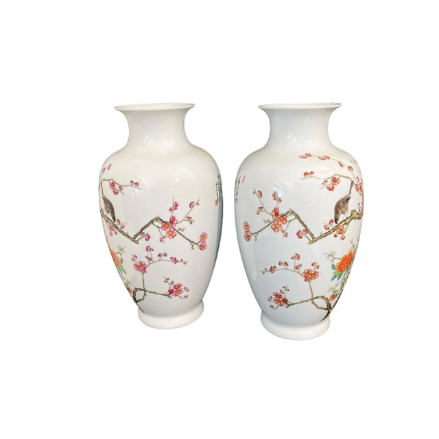 White Chinoiserie Pair of Porcelain Egg Shell Spring Vases 14" H For Sale - Image 8 of 8