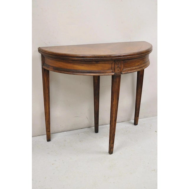 Antique Mahogany Demilune Flip Top Console Game Table With Hidden Drawer For Sale - Image 12 of 13