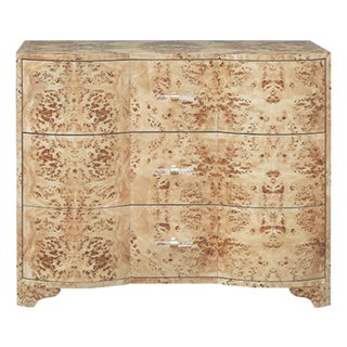 Matthew Izzo Home Plymouth Light Burlwood Three Drawer Chest With Acrylic and Brass Drawer Pulls For Sale