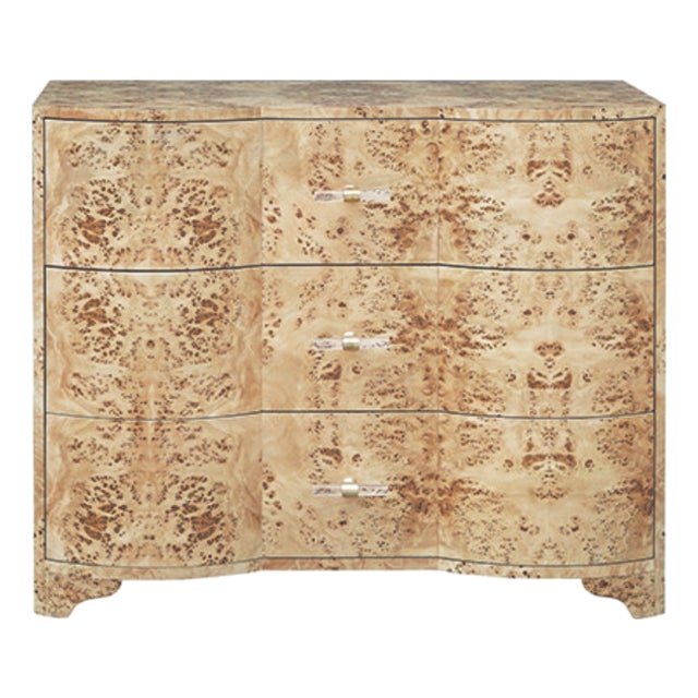 Matthew Izzo Home Plymouth Light Burlwood Three Drawer Chest With Acrylic and Brass Drawer Pulls For Sale