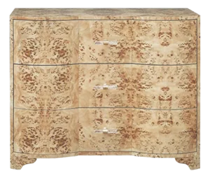 Matthew Izzo Home Plymouth Light Burlwood Three Drawer Chest With Acrylic and Brass Drawer Pulls