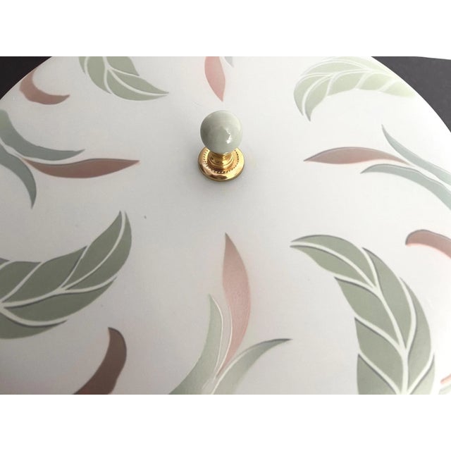 Lovely 1940s Art Nouveau frosted matte glass ceiling light reverse painted with swirling green leaves and flowers, coppery...