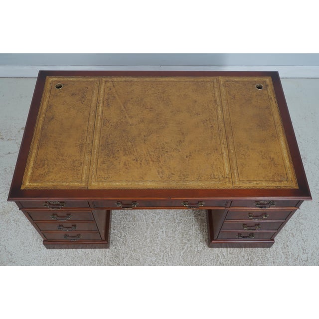 Brown English Leather Top 3 Part Executive Partners Desk For Sale - Image 8 of 18