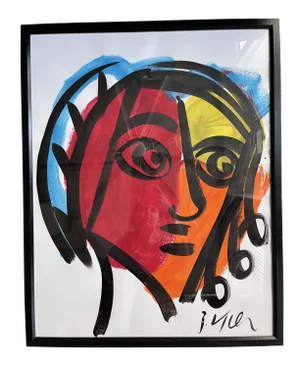 Contemporary Abstract Face Portrait Acrylic Painting by Peter Keil, Framed