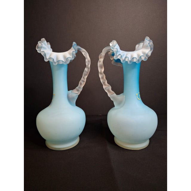 Victorian Antique Pair Victorian Blue Satin Cased Glass Pitcher Ewers Hand Painted Orchids Frosted Coral Branch Handles Ruffled Rim - a Pair For Sale - Image 3 of 18