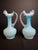 Victorian Antique Pair Victorian Blue Satin Cased Glass Pitcher Ewers Hand Painted Orchids Frosted Coral Branch Handles Ruffled Rim - a Pair For Sale - Image 3 of 18